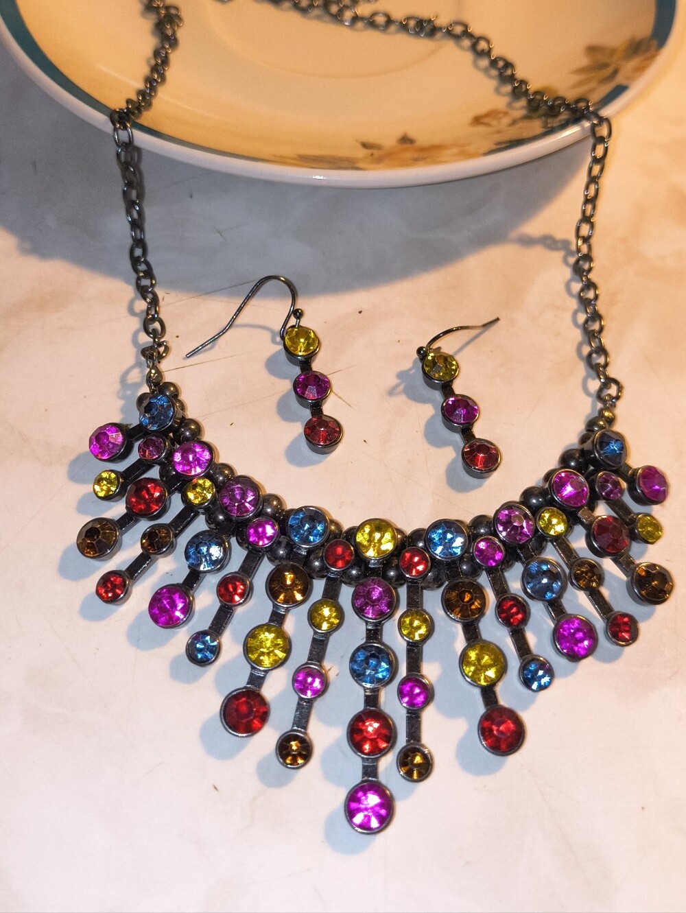 Colorful Multi Crystal Cascade Necklace Gunmetal & Earrings Set